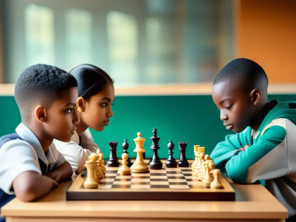 Juego de ajedrez en aula con niños concentrados