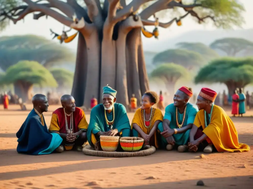 Un juego ancestral africano entre ancianos y niños bajo un baobab, preservando la cultura africana