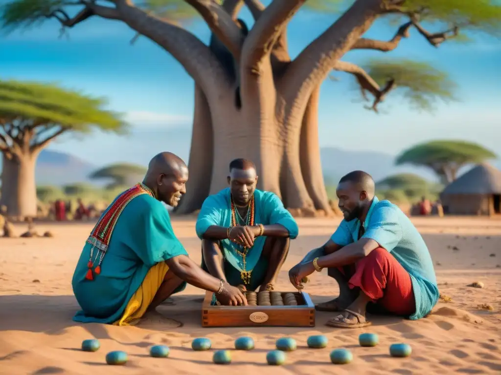 Un juego ancestral africano de mancala bajo un Baobab, evocando historia y comunidad