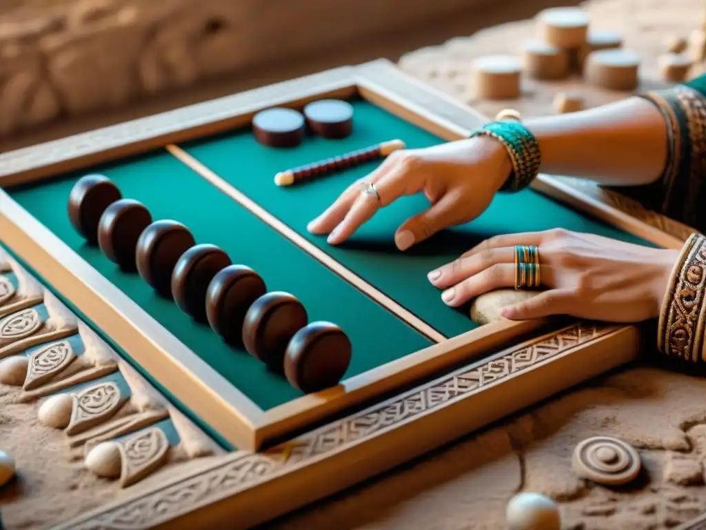 Juego ancestral de Mesopotamia: personas juegan backgammon rodeadas de ruinas, resaltando origen y evolución del Backgammon