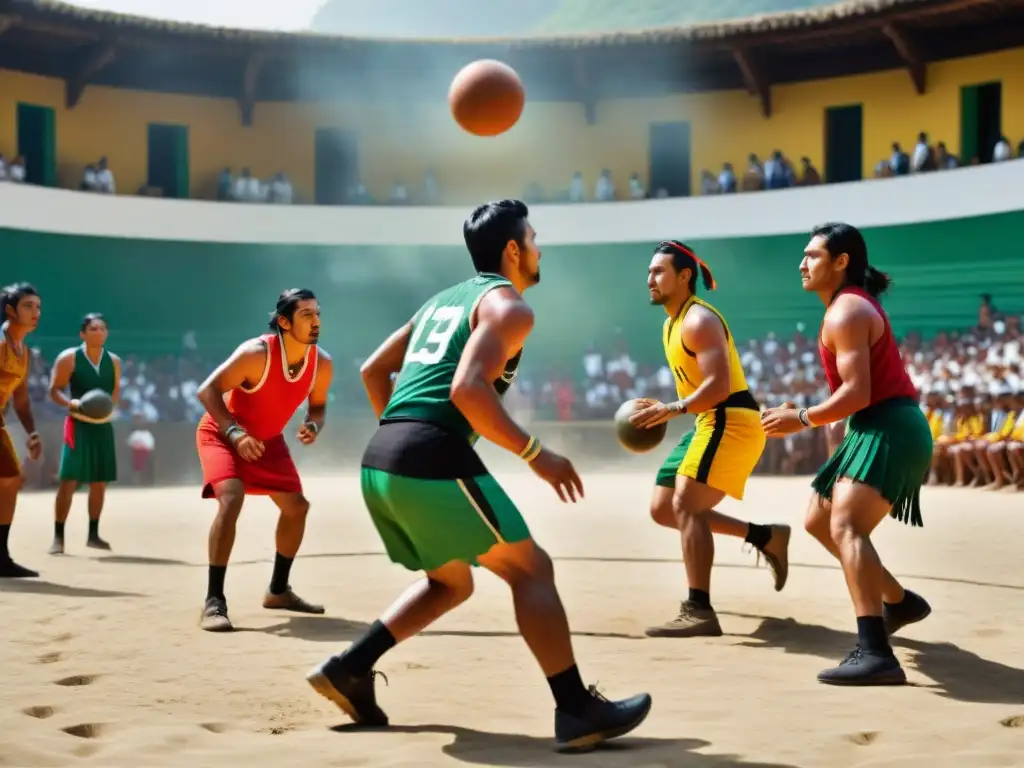 Un juego ancestral de 'Pitz' con atletas indígenas, vestidos con trajes tradicionales, en una cancha antigua iluminada por el sol