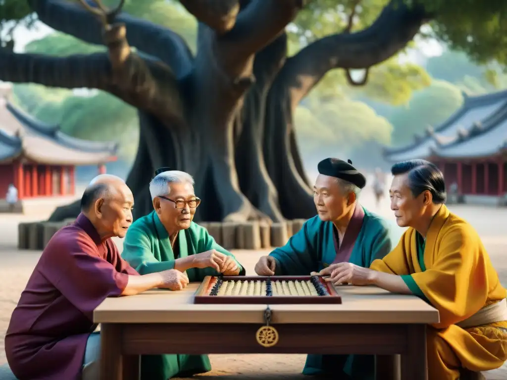 Un juego animado de mahjong bajo un árbol ancestral: un reflejo de la riqueza cultural de los juegos tradicionales asiáticos en un mundo globalizado