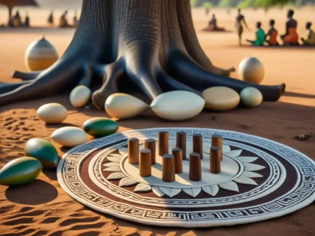 Un juego antiguo africano de habilidades matemáticas, niños jugando bajo un baobab, destreza y tradición