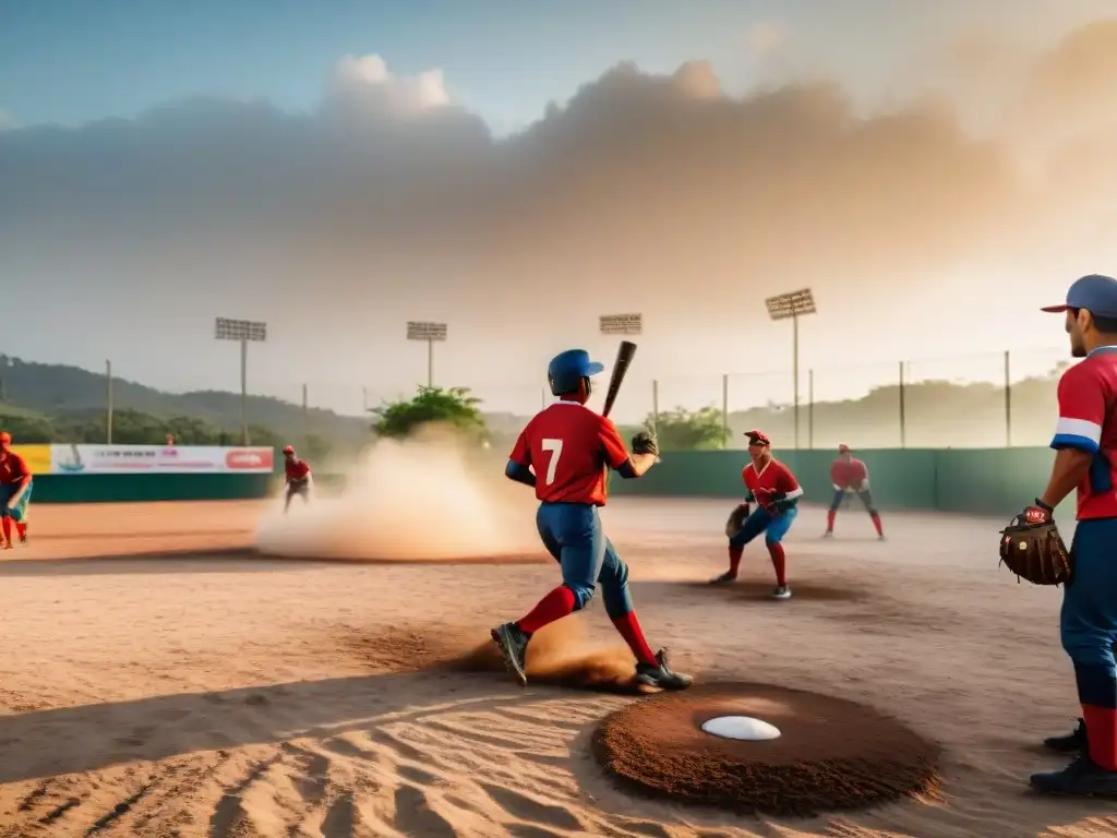 Juego apasionado de béisbol en Venezuela: niños en un campo polvoriento con guantes gastados y espectadores animados