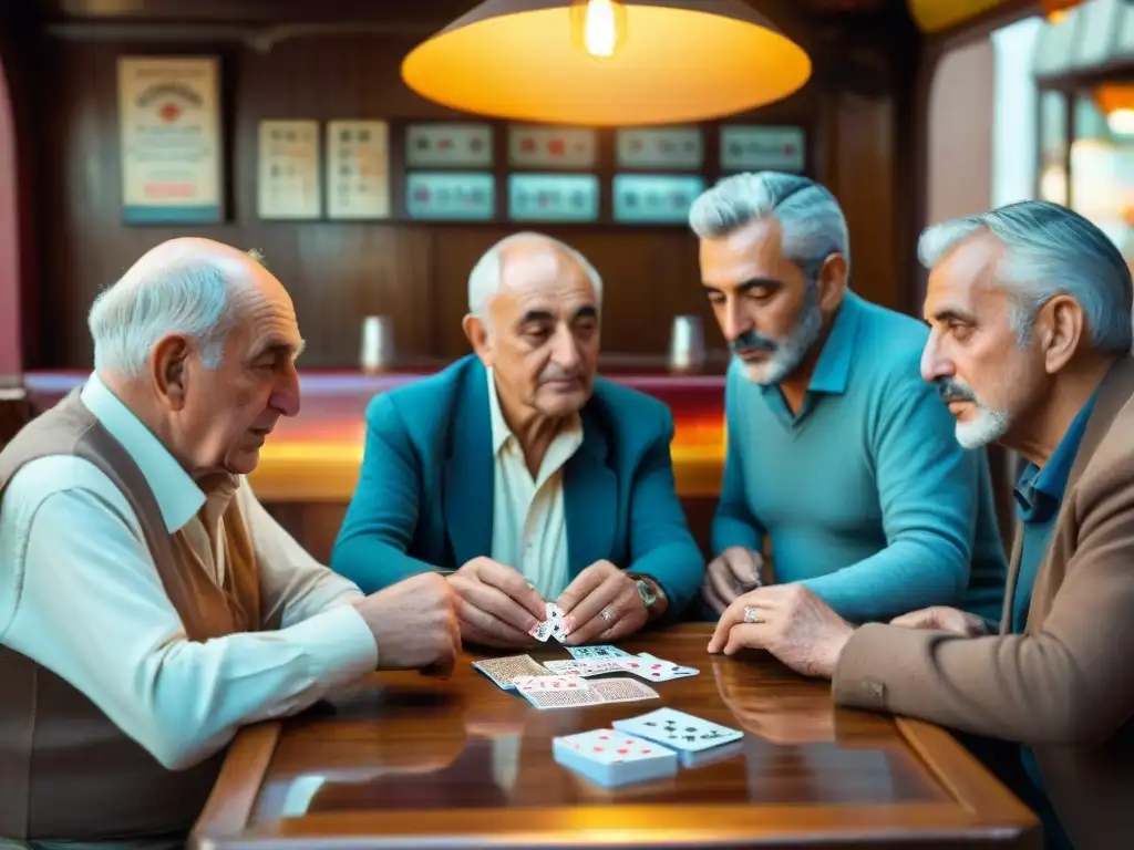 Un juego de Brisca entre ancianos en un animado café mediterráneo