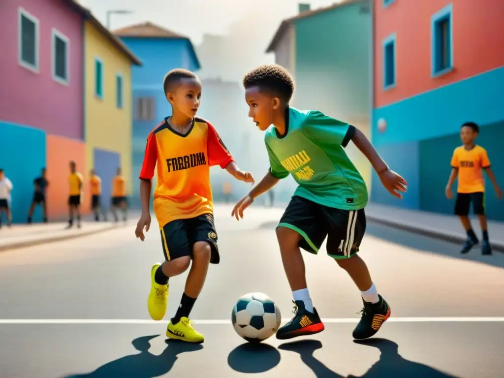 Juego callejero intenso entre niños diversos, reflejando la evolución de los juegos de pelota calle en una vibrante vecindad urbana