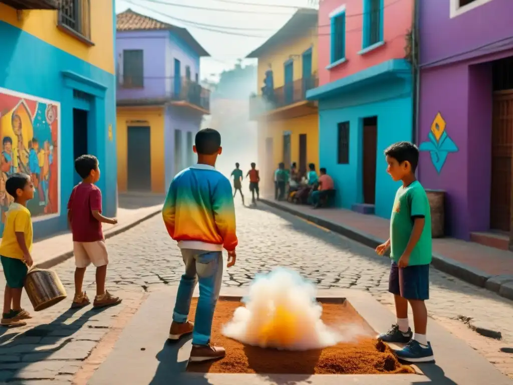 Un juego callejero lleno de simbolismo en un barrio latinoamericano colorido