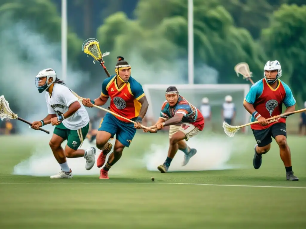 Juego de lacrosse indígena en campo abierto con espectadores, destaca la destreza y tradición