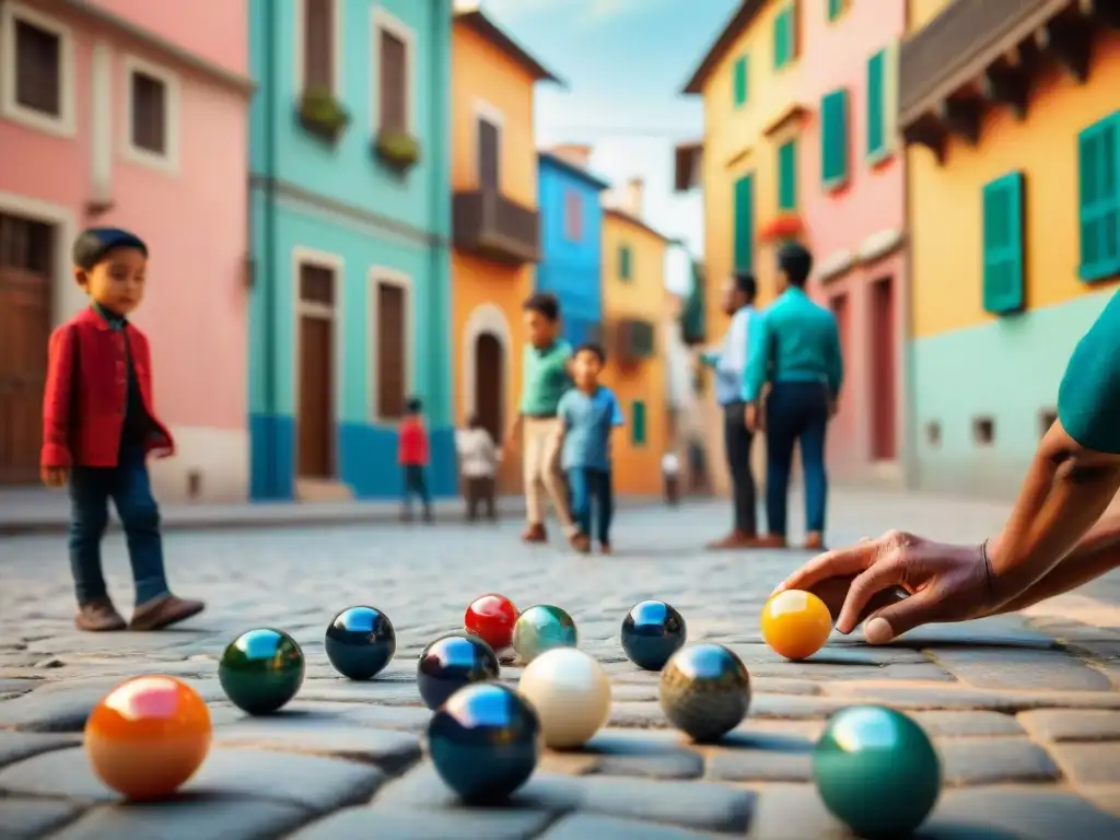 Un juego de canicas en la calle: niños concentrados en disparar las canicas, rodeados de edificios coloniales y espectadores sonrientes