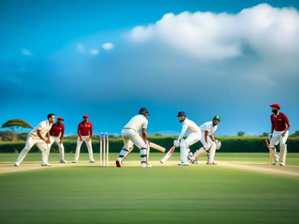 Juego de cricket colonial: hombres en trajes tradicionales concentrados en el campo verde bajo un cielo azul, rodeados de arquitectura colonial