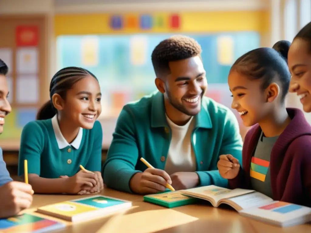 Juego educativo multilingüe en aula vibrante con posters, estudiantes concentrados y libros