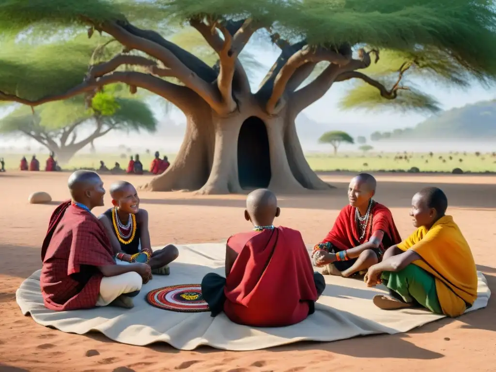 Juego Enkeshui tradición Masái: Elders y niños disfrutan bajo el árbol, envueltos en la rica cultura y lazos comunitarios