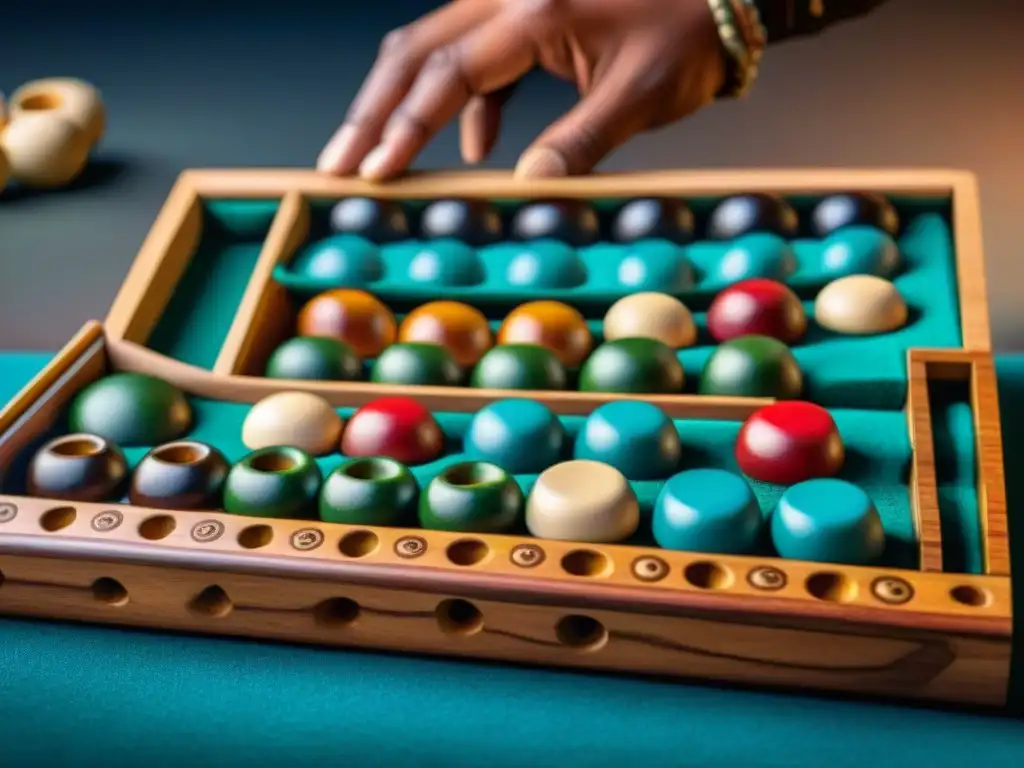 Juego de estrategia en diferentes culturas: Jugadores concentrados en un tablero Mancala de madera tallada con colores vibrantes y patrones únicos