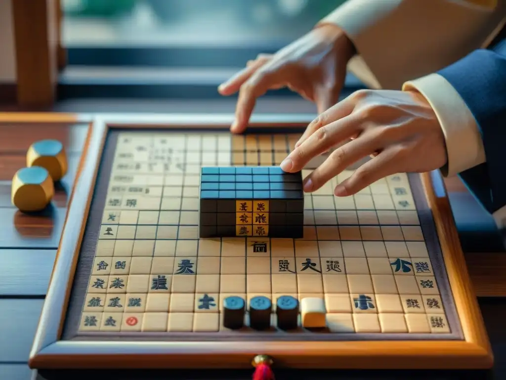 Juego de estrategia japonés: tablero de Shogi y piezas de madera en posición inicial