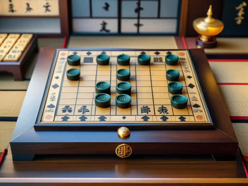 Un juego estratégico de Shogi japonés en un tablero de madera tallada con detalles dorados, rodeado de historia y cultura japonesa