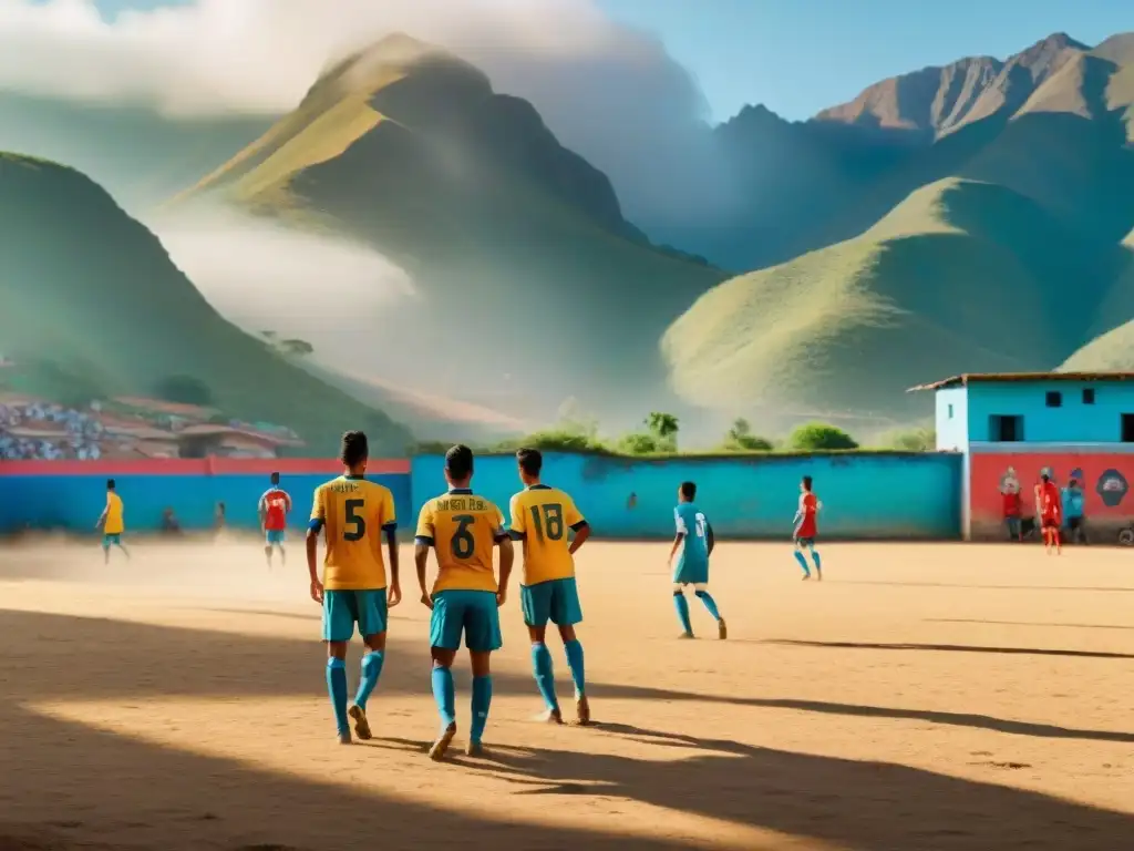 Juego de fútbol intenso en un campo polvoriento de los Andes, donde la historia del fútbol en América Latina cobra vida