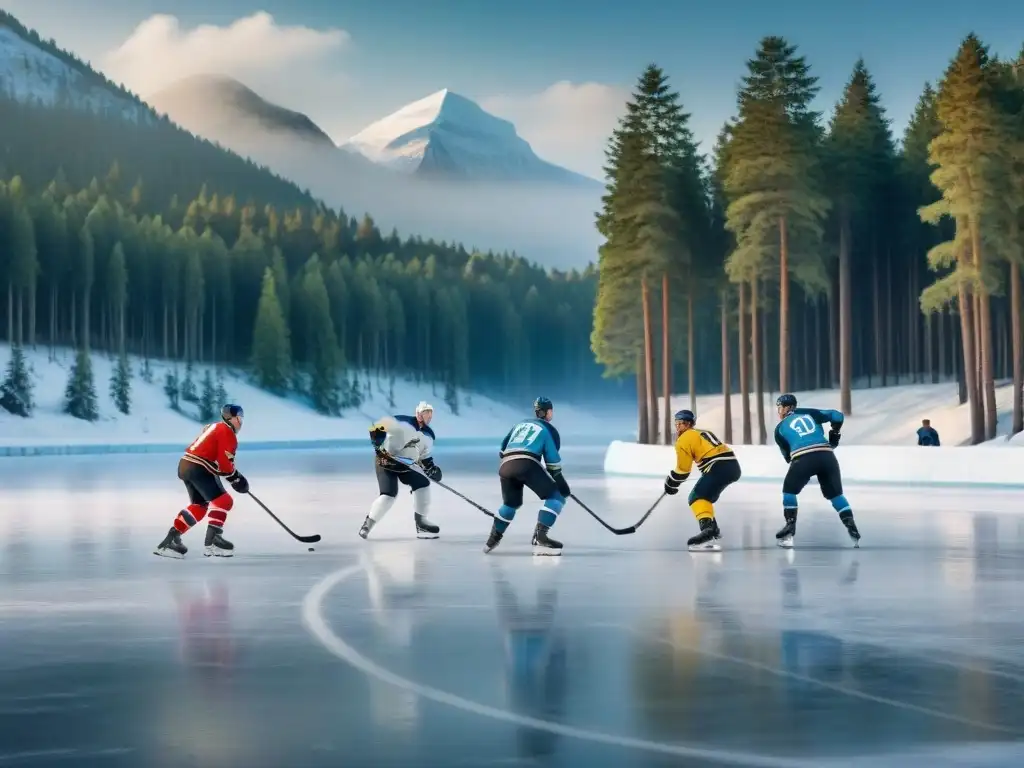 Juego intenso de hockey sobre hielo en lago nevado con árboles y jugadores del siglo XX