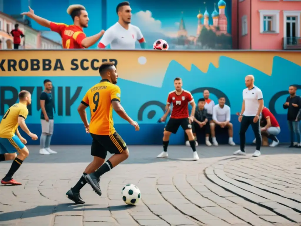 Juego de Korobka en Rusia: jóvenes diversos disfrutan del fútbol callejero en una plaza vibrante