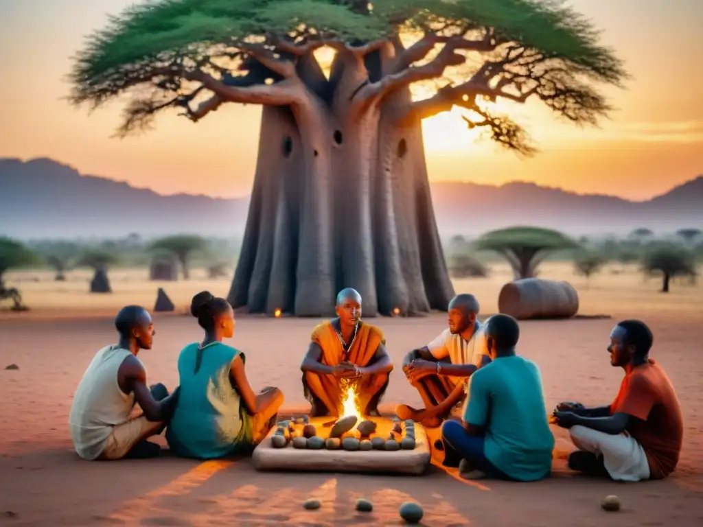 Un juego de Mancala al atardecer bajo un Baobab, reflejando la conexión espiritual entre jugador y cultura africana