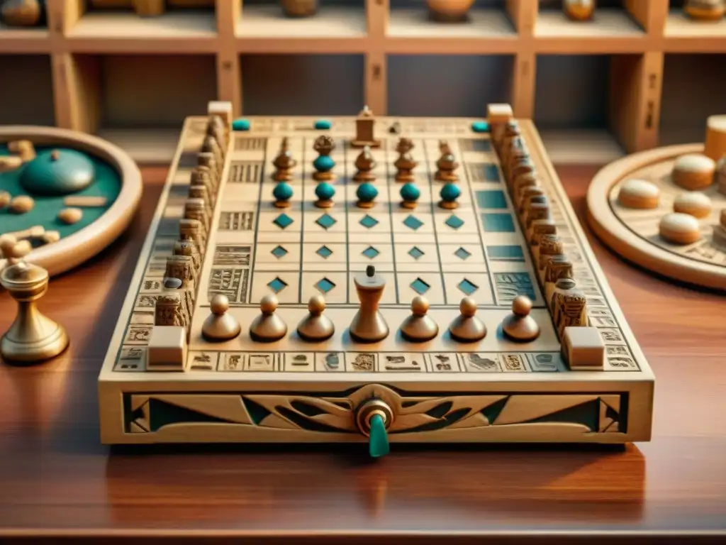 Un juego de mesa antiguo egipcio bellamente conservado, rodeado de personas diversas disfrutando amistosamente