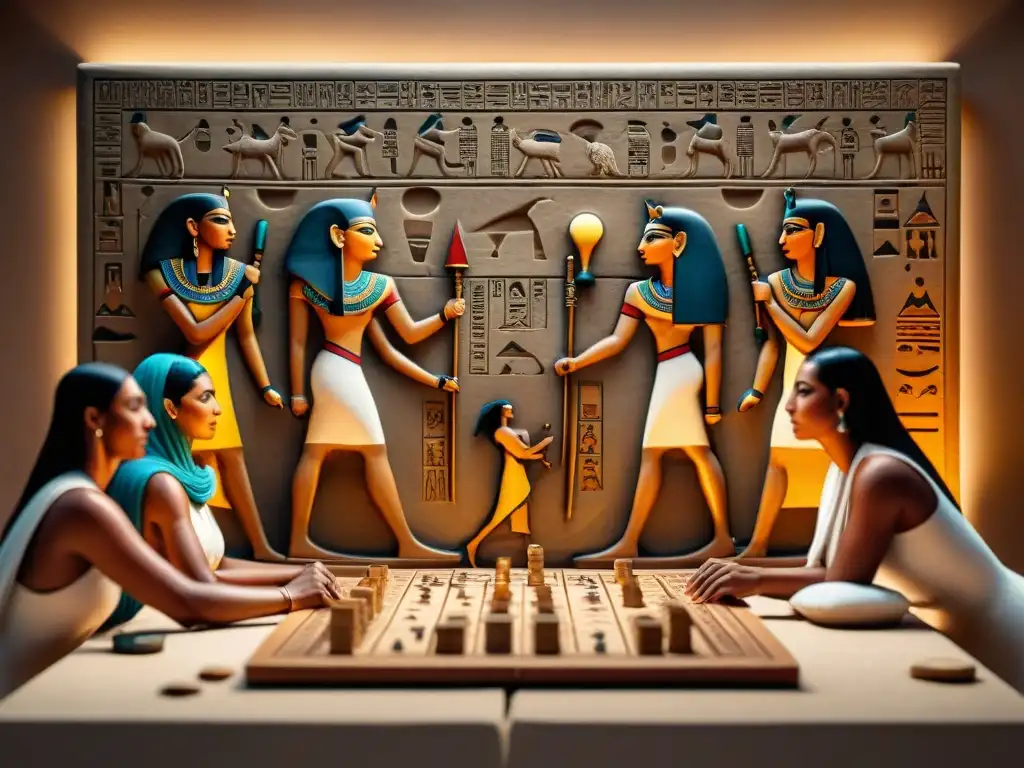 Juego de mesa en el antiguo Egipto: escena intrigante con hieroglíficos y jugadores concentrados