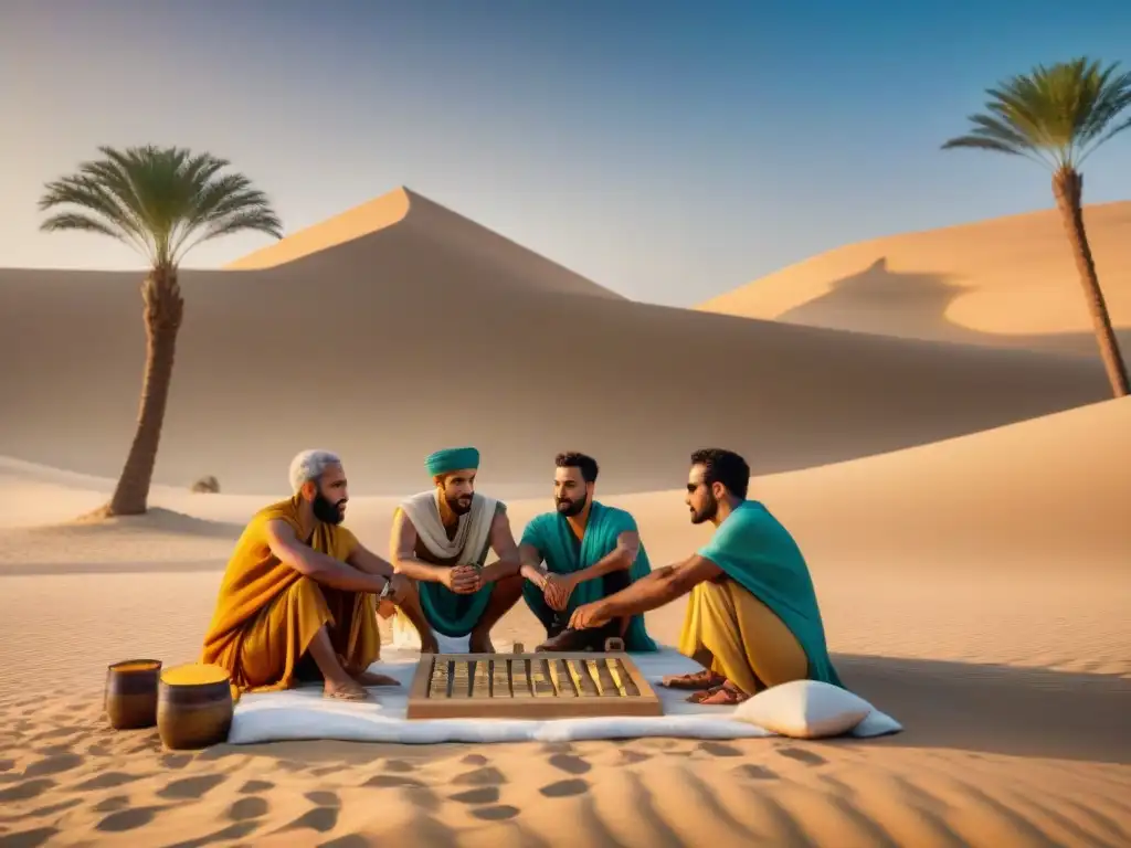 Un juego de mesa egipcio Senet en el desierto con modernos vestidos antiguos y una palmera