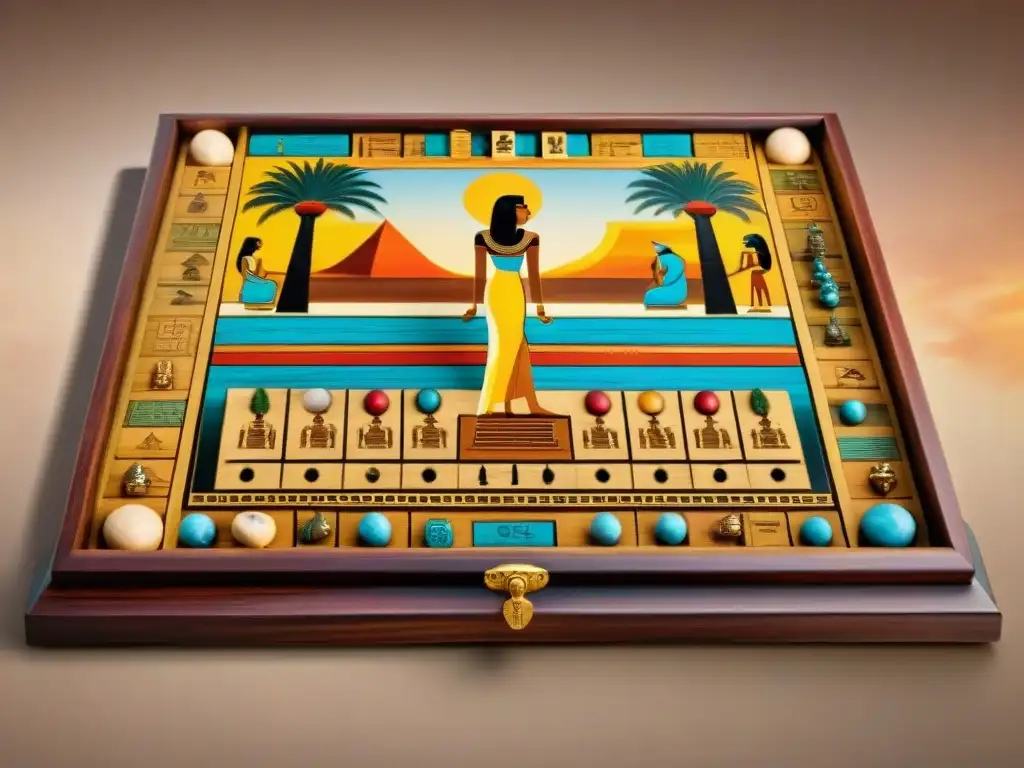 Juego de mesa histórico de Egipto con escenas y hieroglíficos, jugadores de Senet y mercado antiguo al atardecer