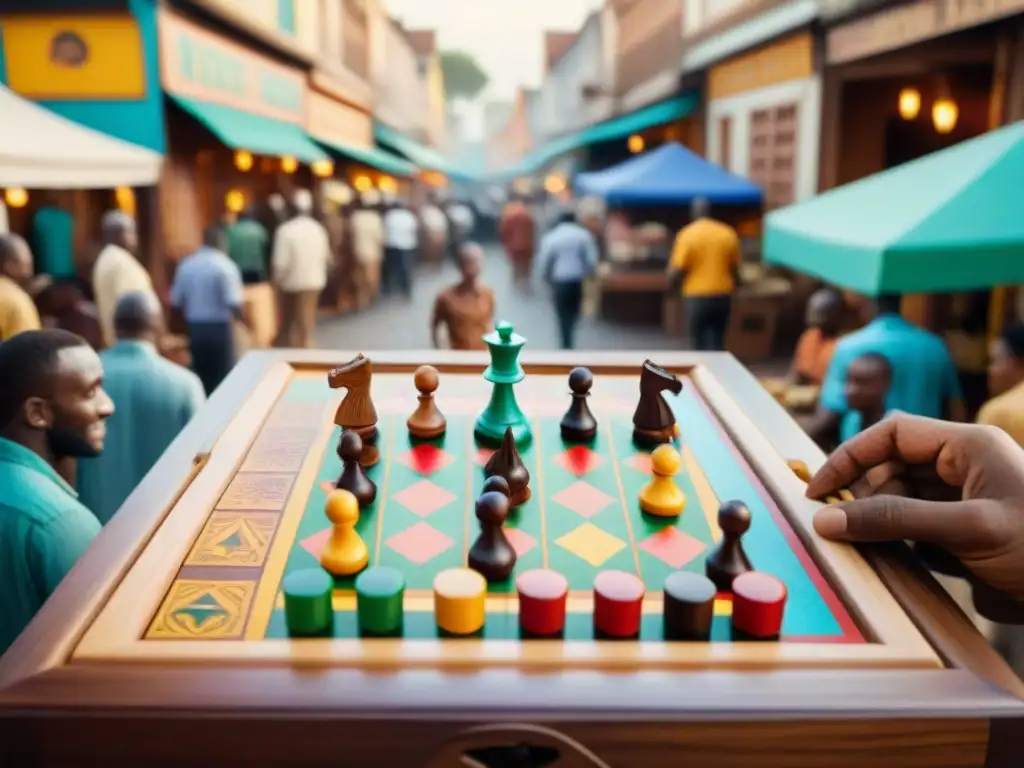 Un juego de mesa tallado con piezas coloridas en un mercado africano