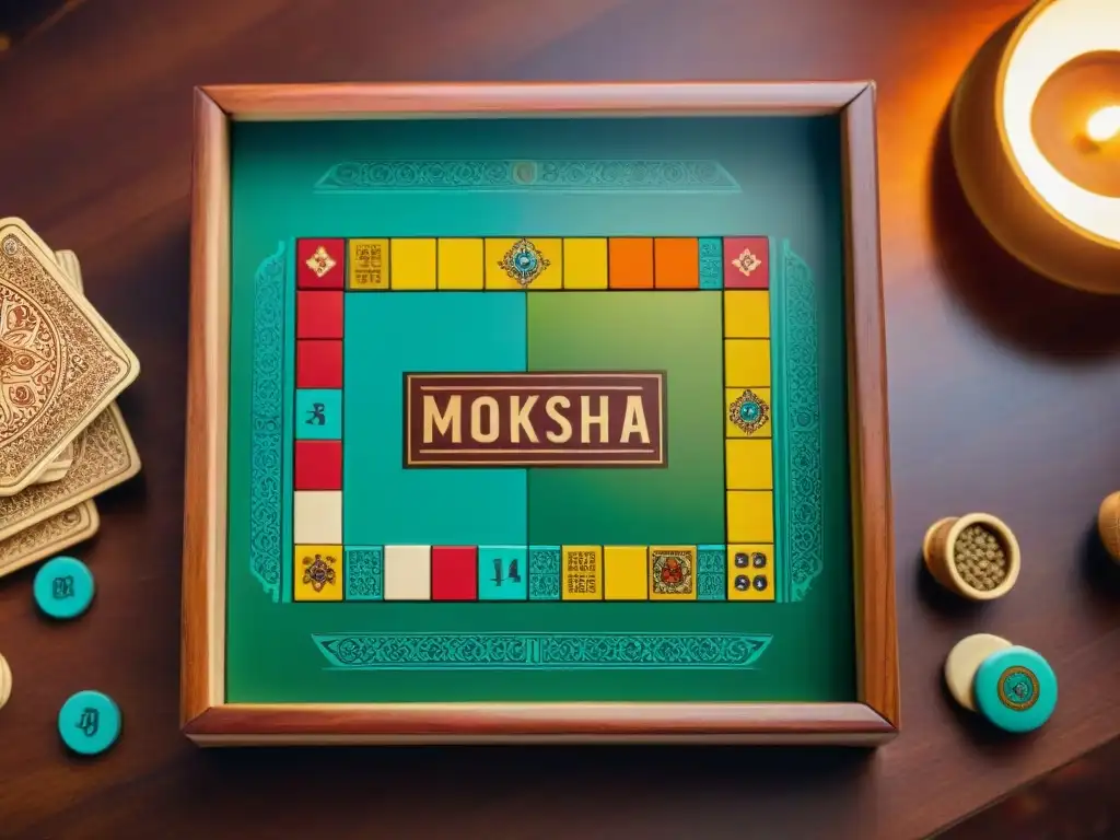 Juego de Moksha Patam con vibrantes colores y detalles en tablero de madera