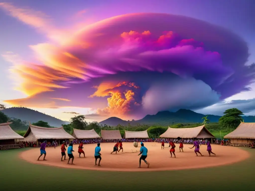 Juego tradicional indígena al atardecer: energía y tradición Un juego de pelota indígena tradicional vibrante al atardecer en una aldea remota
