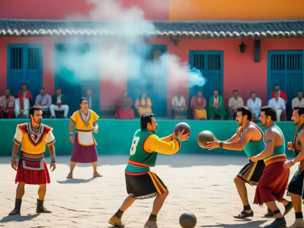 Juego de pelota maya en plaza mexicana: coloridos atuendos, cancha de piedra, onlookers