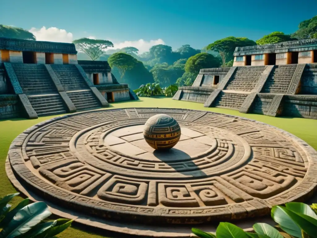 Juego de pelota maya: historia y misterio en la jungla Un juego de pelota maya en la selva, con figuras ancestrales y jeroglíficos en piedra