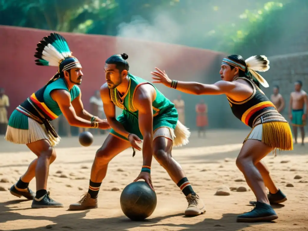 Juego de pelota mesoamericano: atletas en trajes aztecas compiten en la cancha de piedra rodeados de espectadores