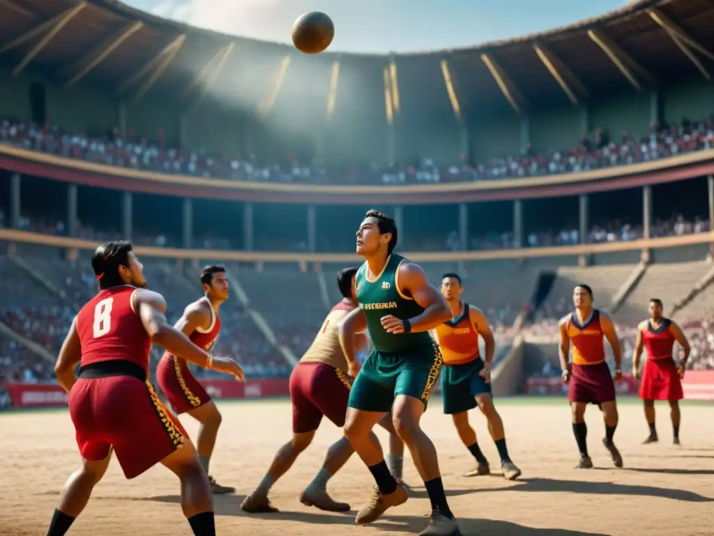 Juego de pelota mesoamericano en un estadio antiguo, atletas indígenas en trajes tradicionales, preservar deportes ancestrales