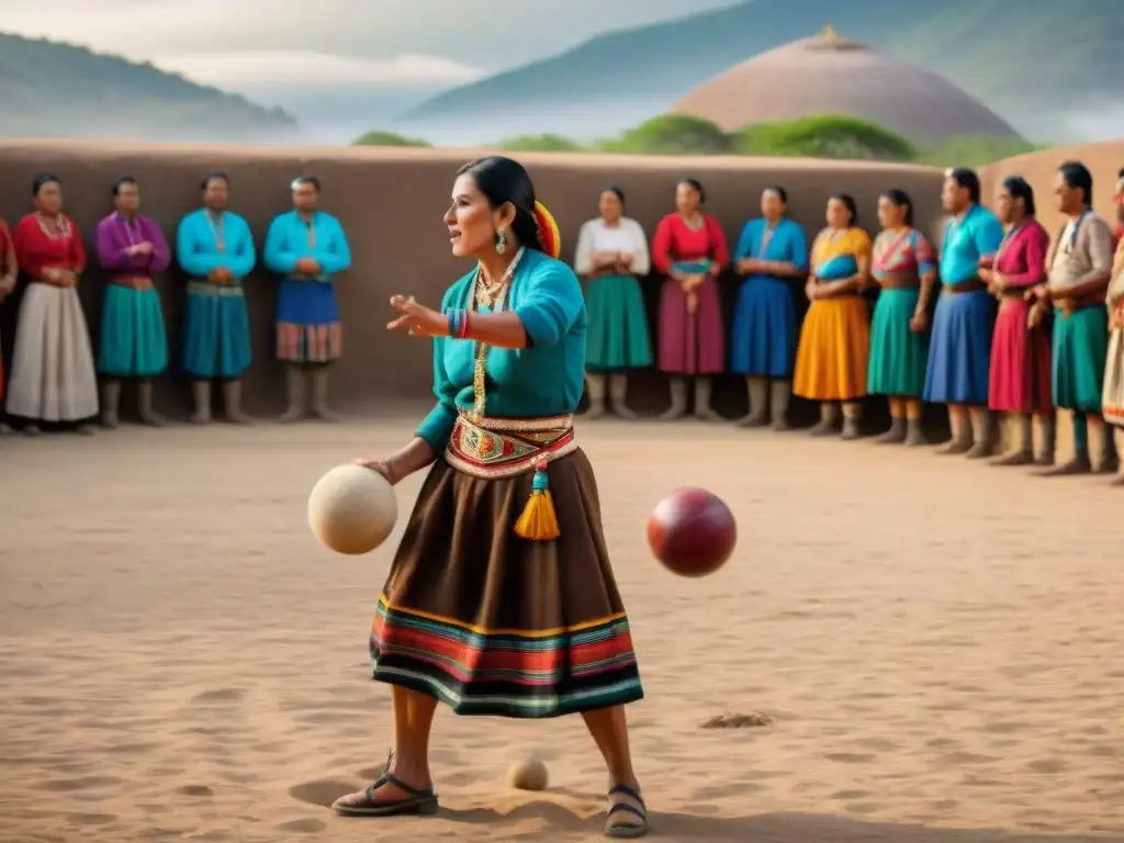 Juego de Pelota Purepecha: comunidad jugando en campo vibrante con arquitectura tradicional y textiles coloridos