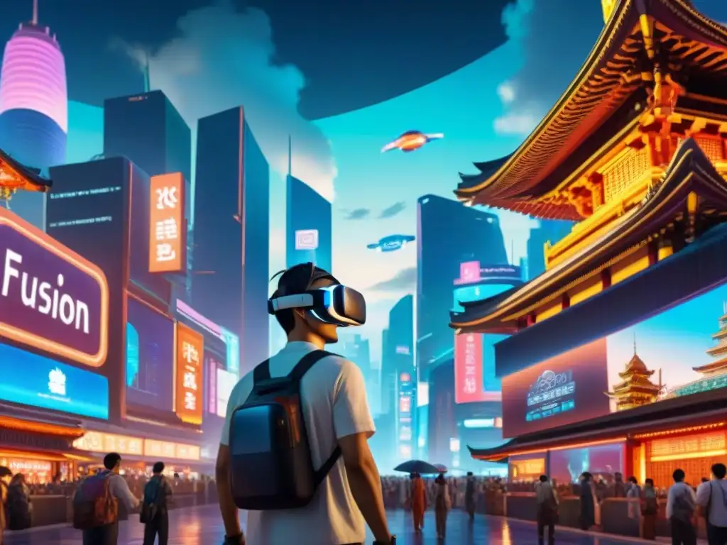 Juego de realidad virtual en una ciudad futurista asiática con jóvenes gamers