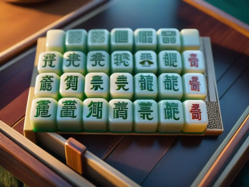 Juego de mahjong tallado: tradición china y colores vibrantes Un juego de Mahjong bellamente tallado, con caracteres chinos detallados y colores vibrantes en una mesa de madera