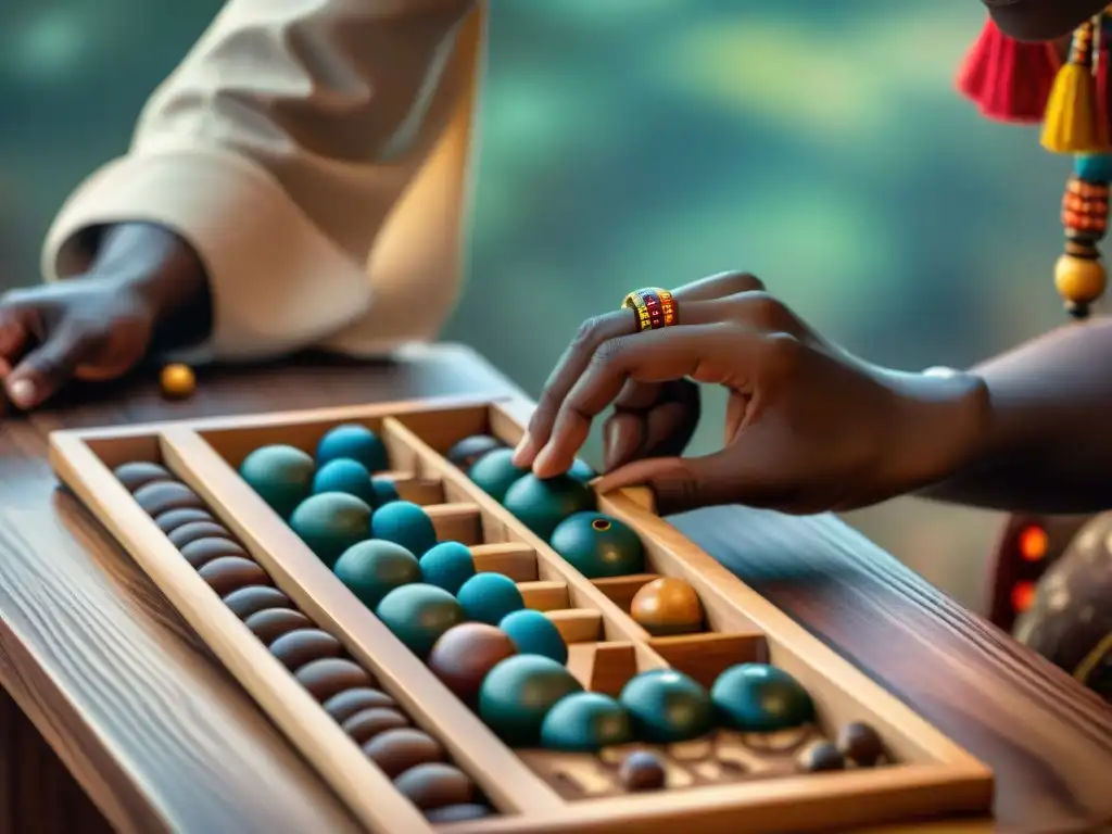 Un juego de Mancala tallado en madera, jugadores de diferentes culturas concentrados en estrategias