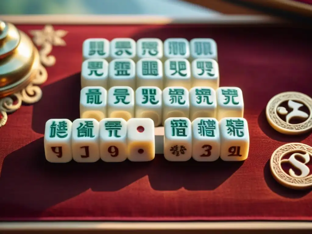 Un juego de Mahjong tallado en marfil sobre seda carmesí, resplandeciendo con luz dorada