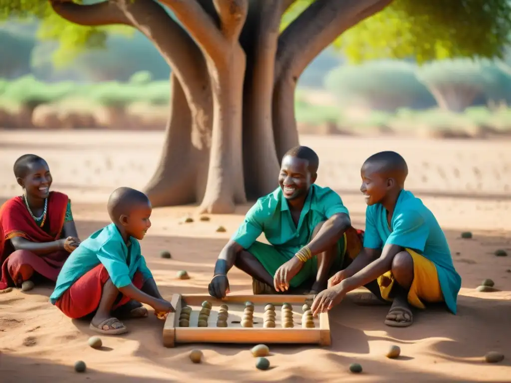 Un juego tradicional Mancala africano: niños concentrados y alegres bajo un baobab, colores vibrantes y tablero de madera tallada