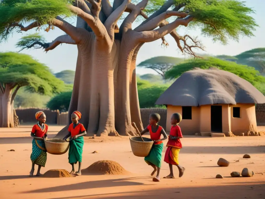 Un juego tradicional africano resuelve conflictos bajo el baobab en la aldea, niños en coloridos atuendos