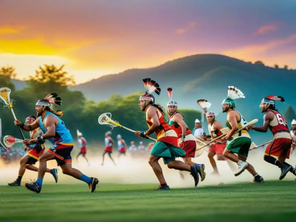 Un juego de lacrosse tradicional de pueblos indígenas en un atardecer vibrante