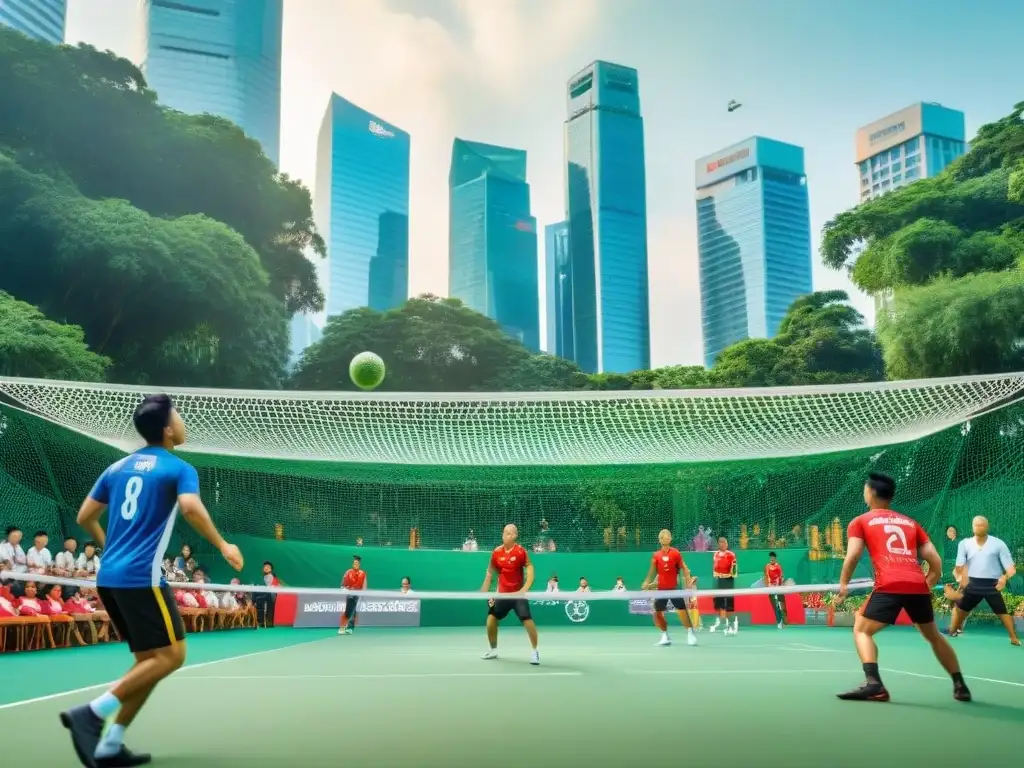 Juego tradicional de Sepak Takraw en Singapur, uniendo historia, evolución, cultura y deporte en vibrante escena al aire libre