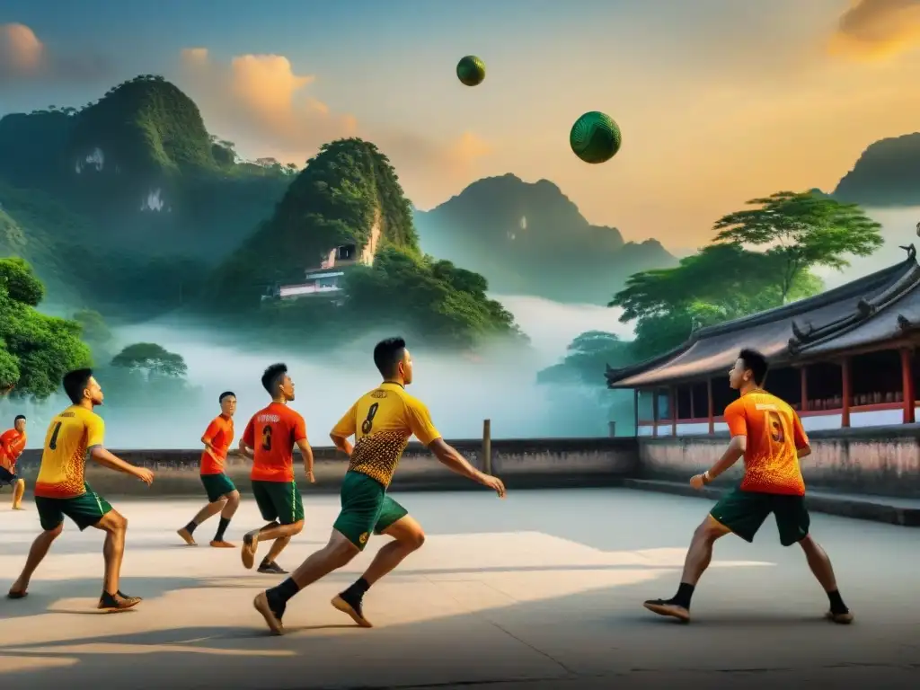 Juego tradicional del Sepak Takraw en Sudeste, con vibrante mural de acción en mercado bullicioso