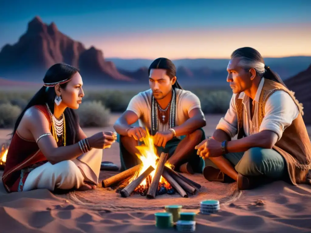 Juego de póker entre tribus nativas en la noche del desierto