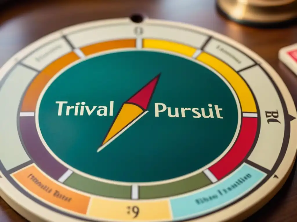 Un juego Trivial Pursuit vintage detallado, con piezas coloridas y manos borrosas listas para responder, evoca la historia y cultura de los juegos