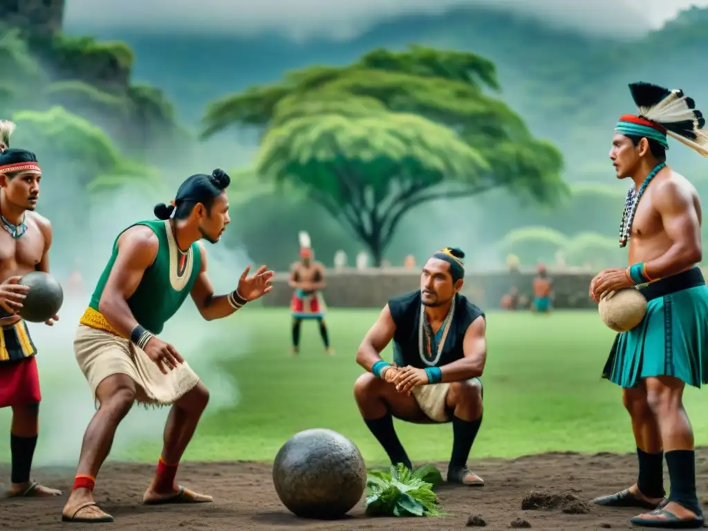 Juego ancestral de ulama: indígenas en acción Juego de ulama: indígenas en trajes tradicionales compiten con antigua pelota de piedra en escenario de ruinas y naturaleza exuberante