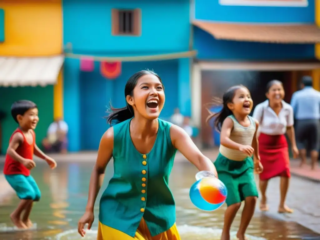 Juegos acuáticos en América Latina: Niños juegan alegremente en animado mercado con vestimenta tradicional y arquitectura colorida