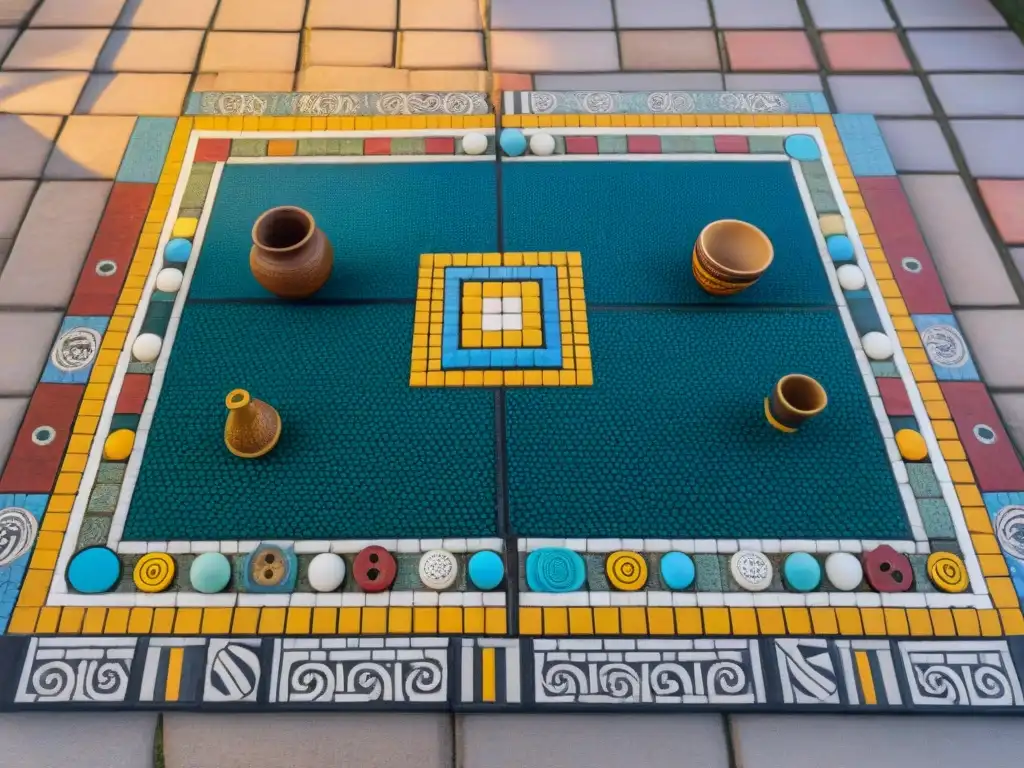 Reviviendo juegos antiguos cultura: Mosaico detallado de antiguas civilizaciones jugando Senet, Mancala y Pachisi en un patio vibrante y colorido