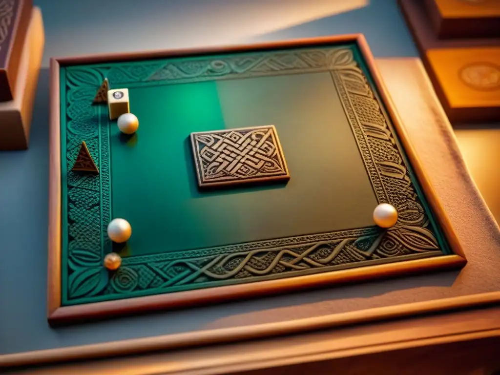 Tablero de juego celta en piedra con piezas de bronce antiguas Juegos antiguos de diferentes culturas: Detallado juego galo esculpido en piedra con piezas de bronce y diseños celtas